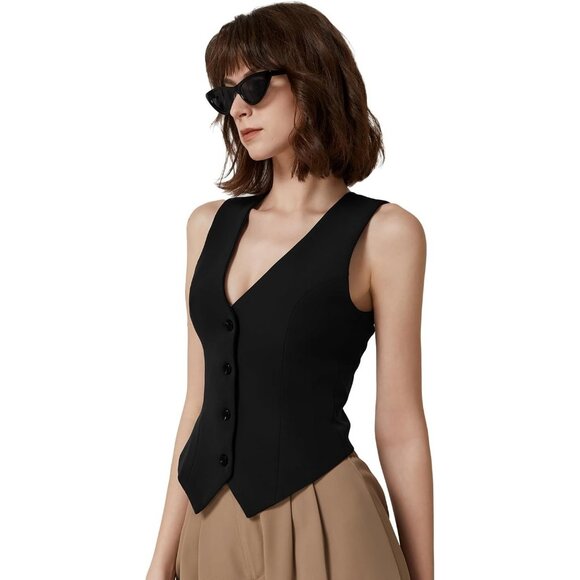 Women's Black V Neck Vest Top Sleeveless Button Down Fully Lined Solid Crop Tops - Picture 3 of 6